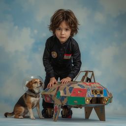 Exquisite high-fashion photography captures a boy with messy brown hair and curious eyes, proudly standing beside his intrica