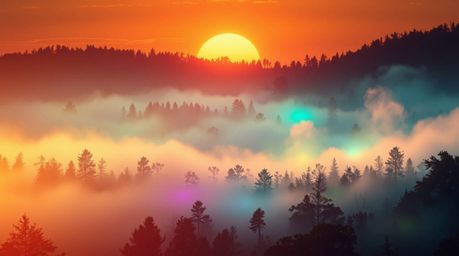 Experience a grand epic scene showcasing creative light art, where mist rises from a forest during the golden hour, illuminat