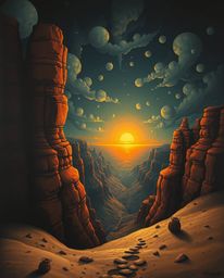 This is a moody, dreamlike, and surreal painting that depicts a sunset illuminating sandstone cliffs in a canyon. The artwork