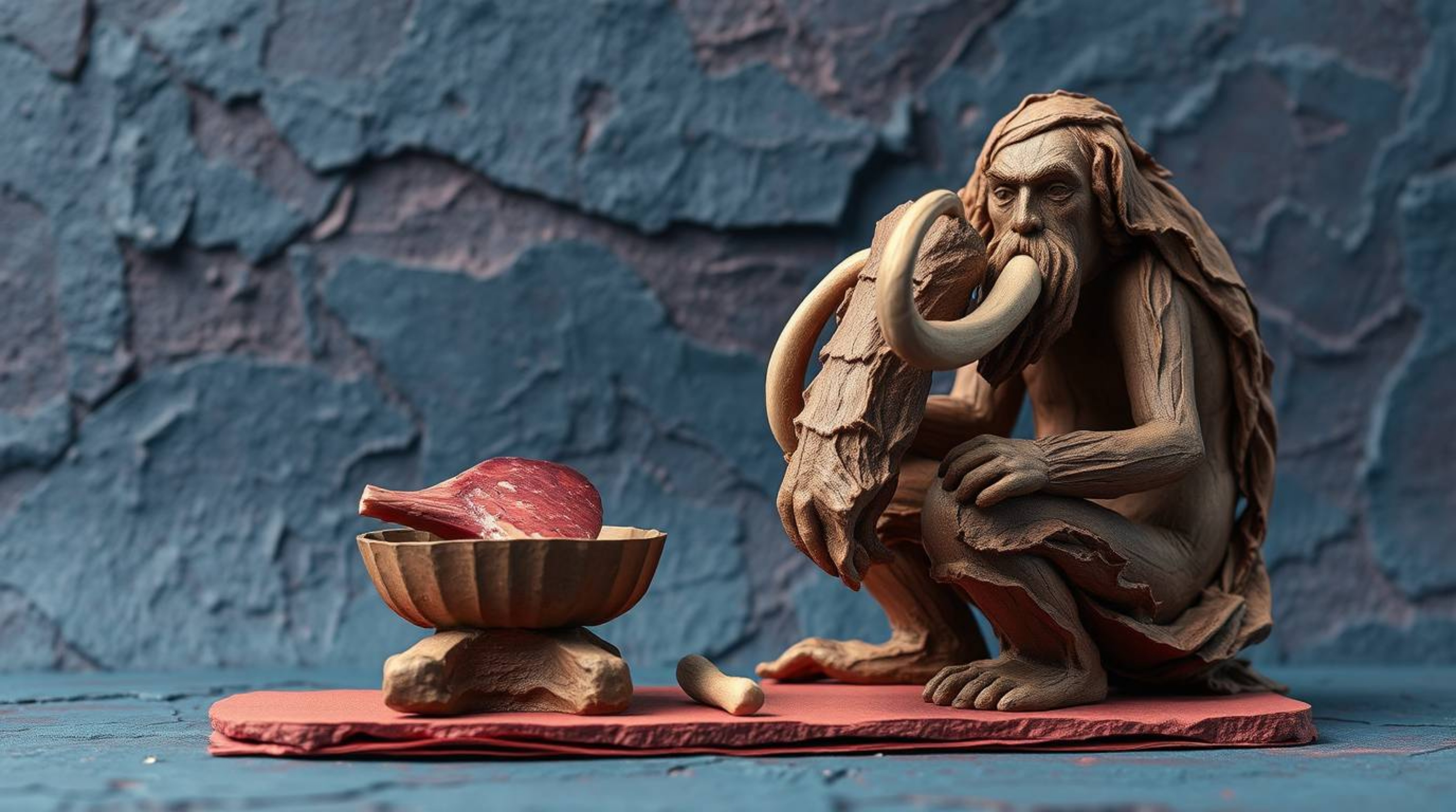 This artwork depicts a captivating papier-mâché sculpture showcasing a caveman skillfully cooking mammoth meat. The rich burg