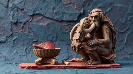 This artwork depicts a captivating papier-mâché sculpture showcasing a caveman skillfully cooking mammoth meat. The rich burg