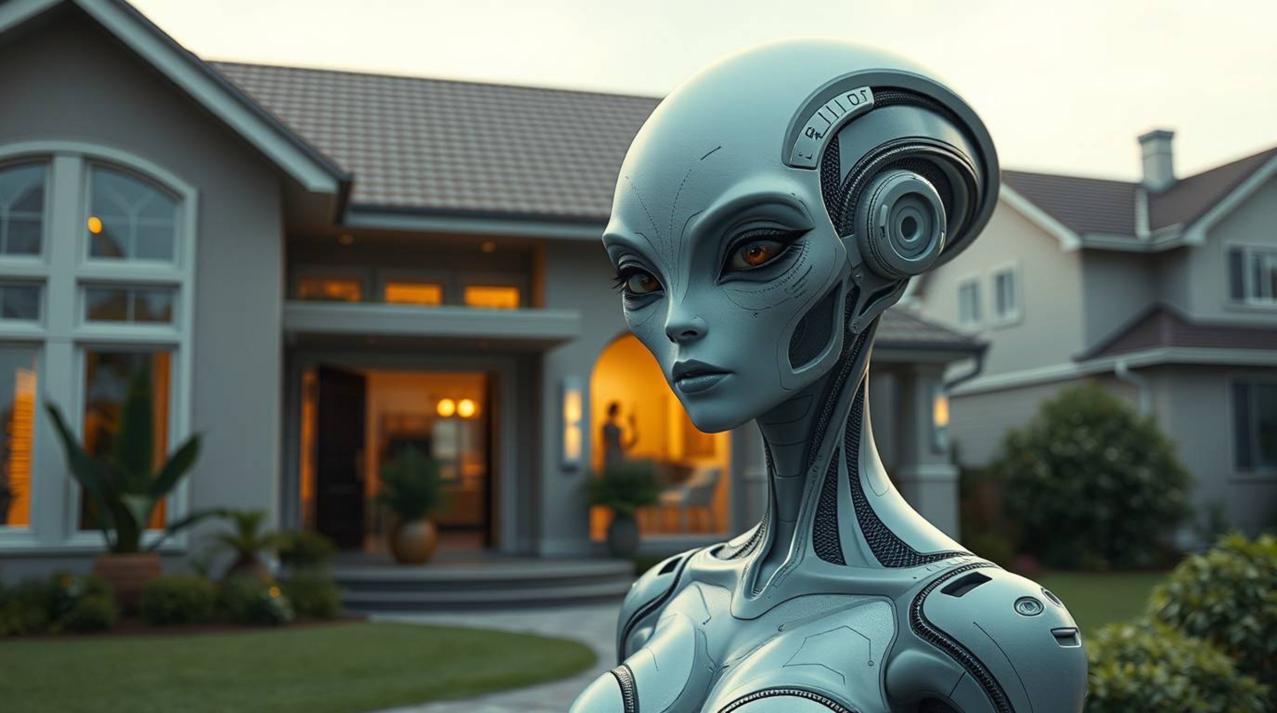 Discover a captivating image of a graceful and elegant alien, showcasing refined features, seamlessly integrated into suburba