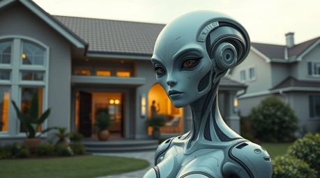 Discover a captivating image of a graceful and elegant alien, showcasing refined features, seamlessly integrated into suburba