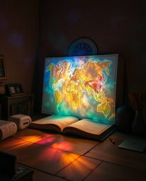 A mystical, glowing map projection illuminates an old study, creating a captivating dreamlike atmosphere.  Vibrant, complemen