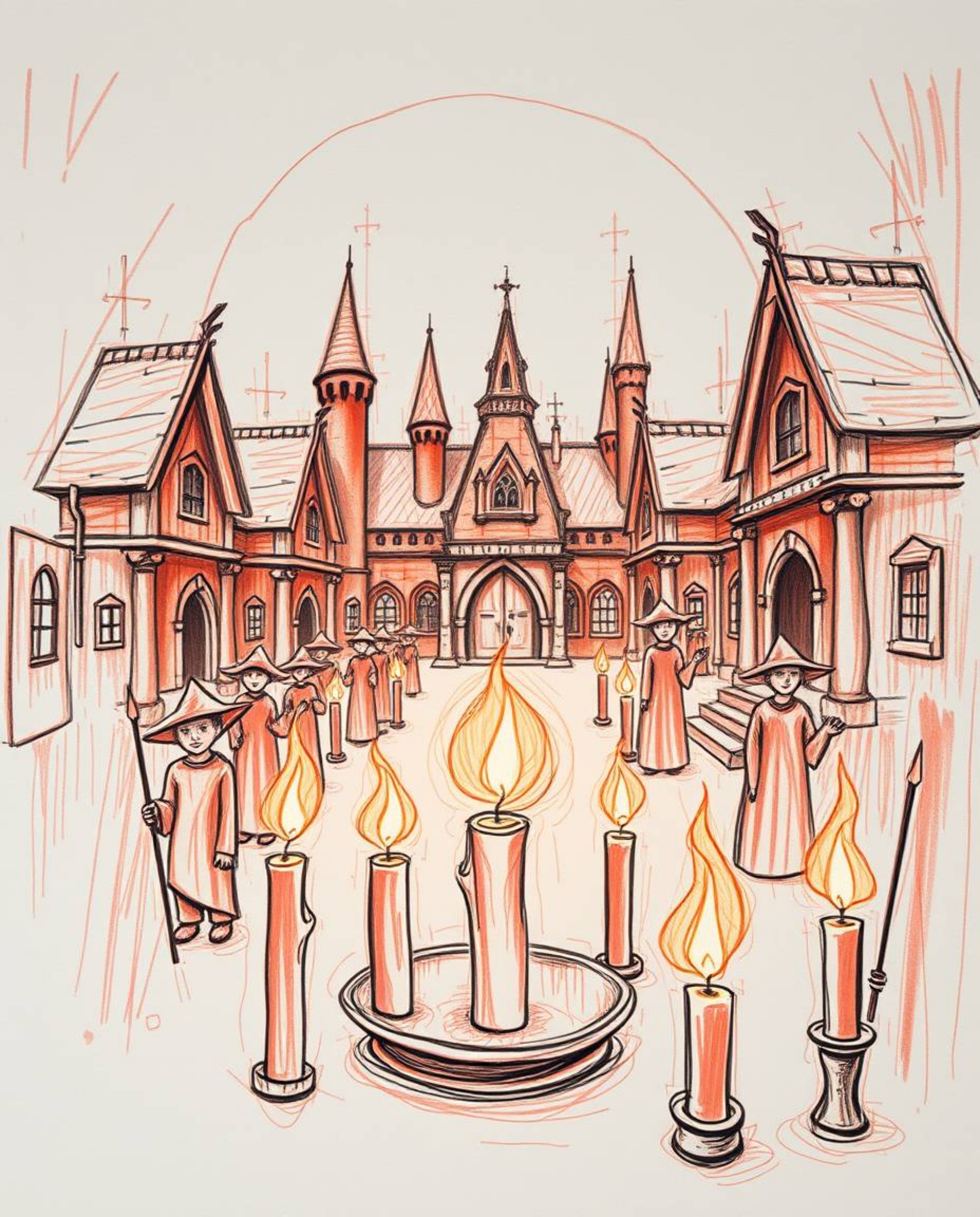 Immerse yourself in a magical world with this hand-drawn sketch depicting a school filled with young wizards, bathed in the w