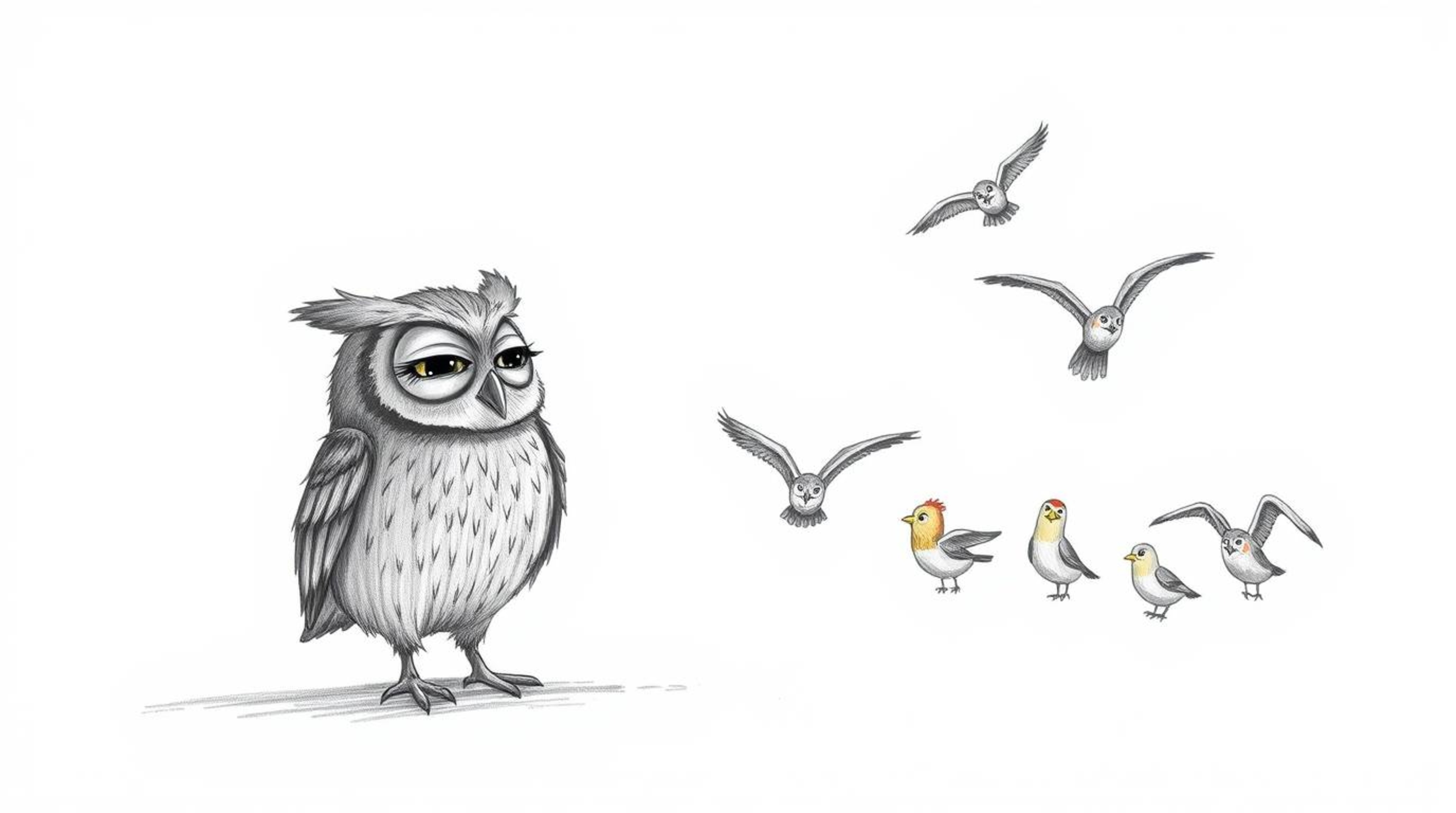 A heartwarming hand-drawn sketch depicts a blind owl, rendered in the style of Pixar, gently guiding a classroom of birds in 