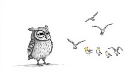 A heartwarming hand-drawn sketch depicts a blind owl, rendered in the style of Pixar, gently guiding a classroom of birds in 