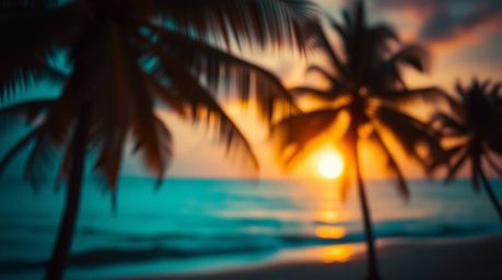 Capture the vibrant beauty of a tropical sunset with this stunning image.  Featuring warm terracotta and cool teal tones, dra