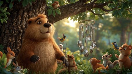 A highly detailed, high-resolution, commercial-quality stock photo captures a lovable, Pixar-inspired beaver with warm, golde