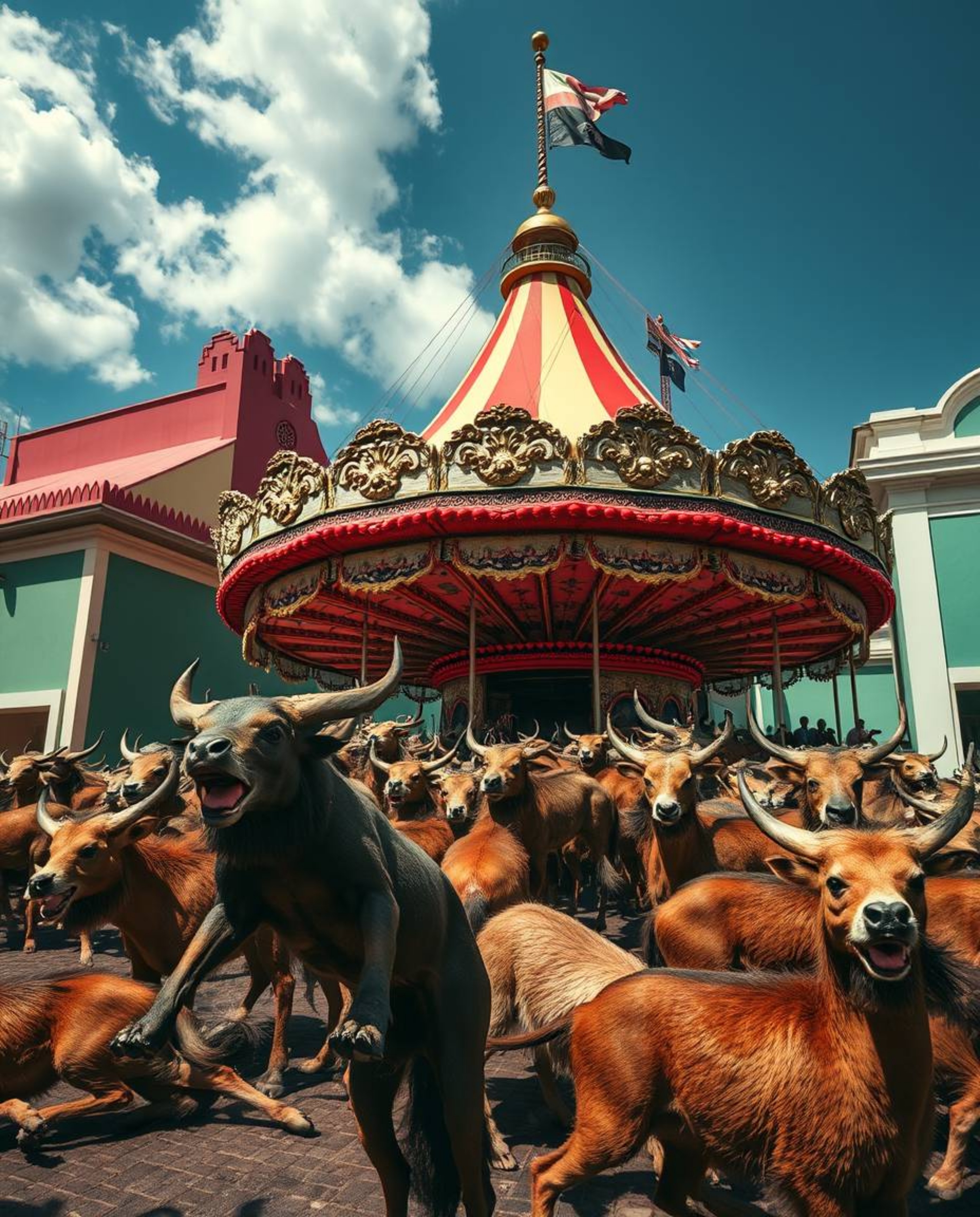 Explore a captivating carnival scene unexpectedly overrun by wild animals, meticulously captured through architectural color 