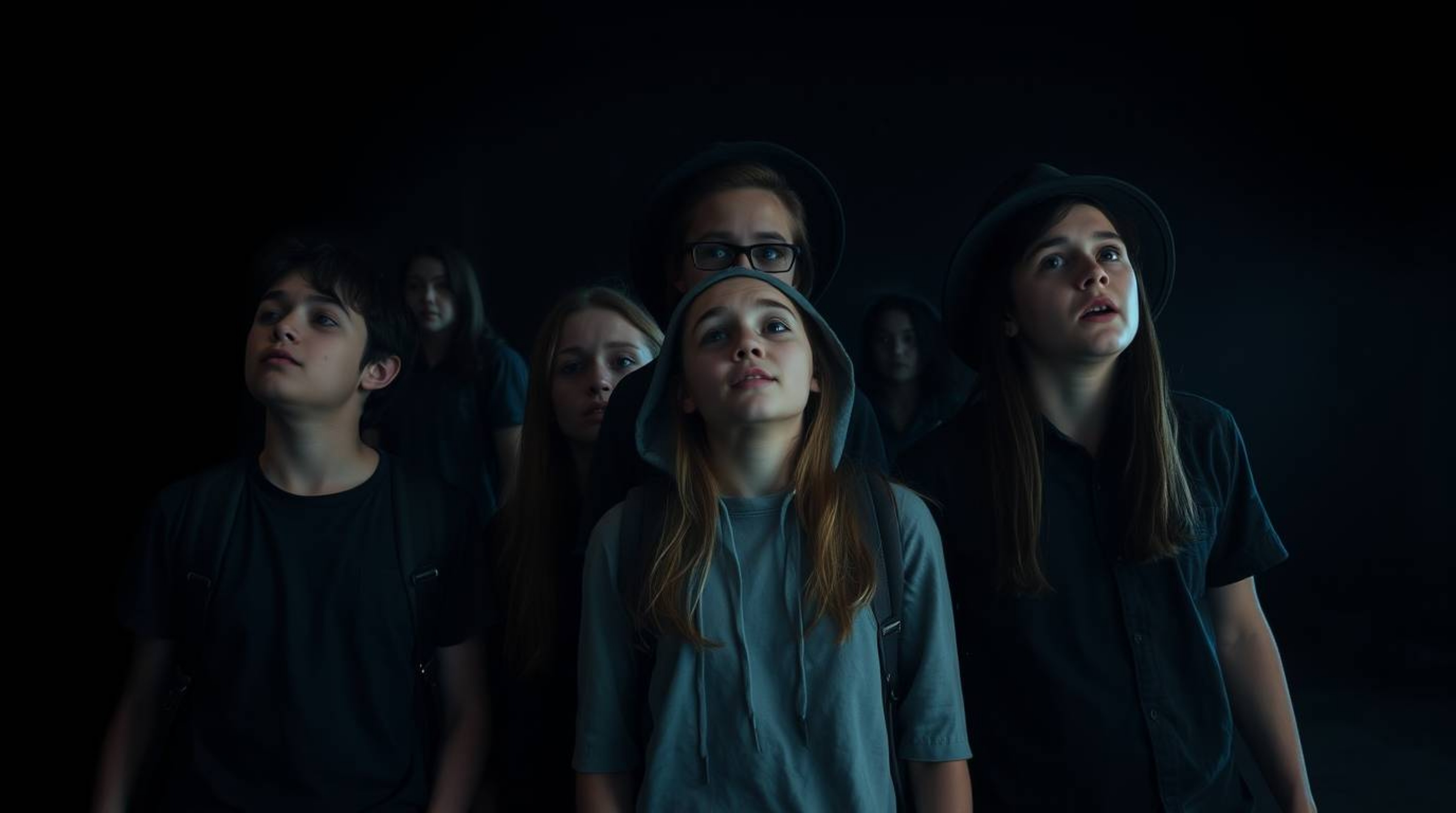 A group of awe-struck teenagers embarks on a thrilling mystery within a haunted mansion.  The scene is set against an intense