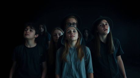 A group of awe-struck teenagers embarks on a thrilling mystery within a haunted mansion.  The scene is set against an intense