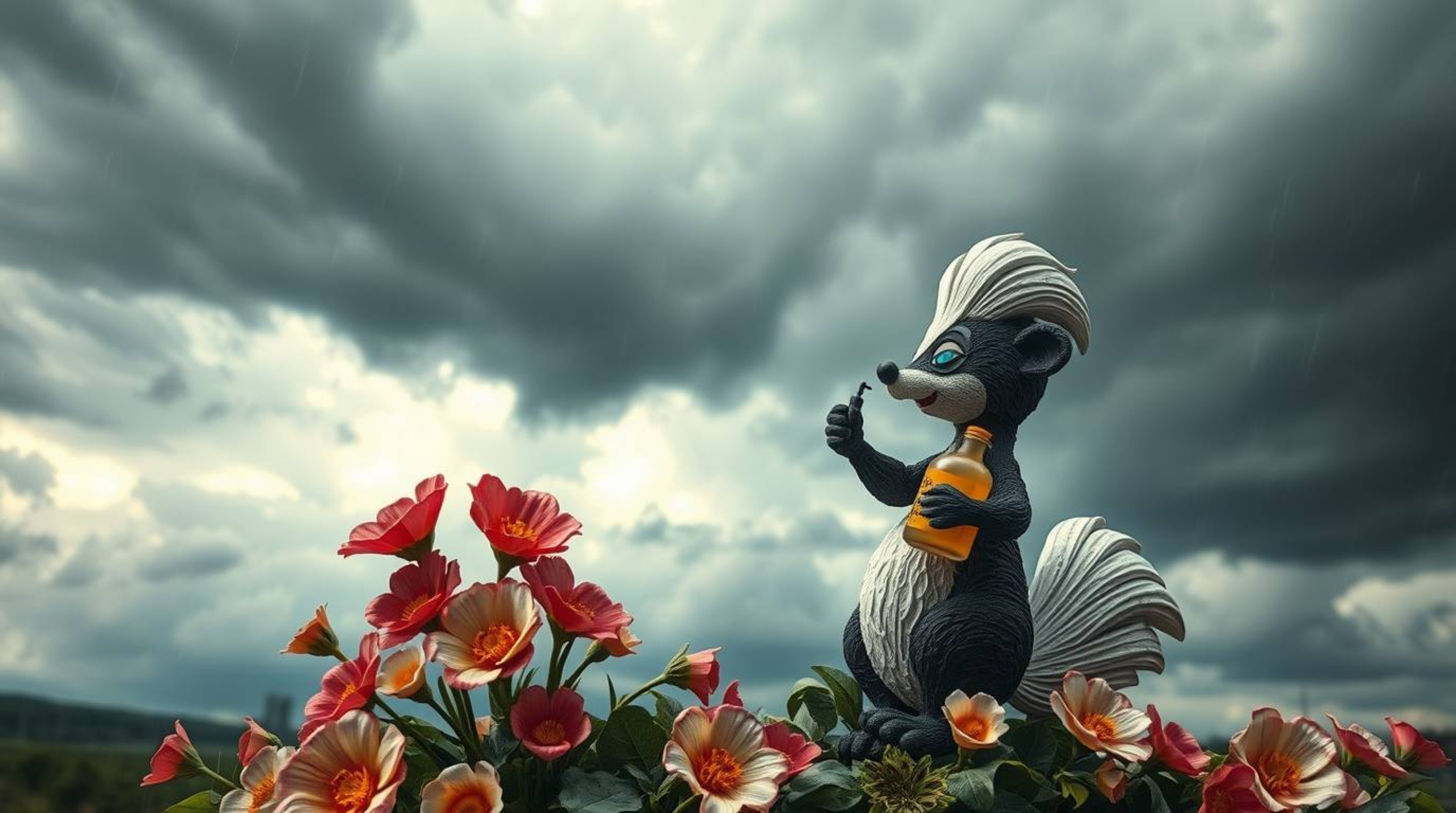 This artwork features a dramatic depiction of a cartoon skunk spraying perfume on flowers, meticulously sculpted from layered