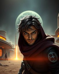 A brave, Disney-esque hero embarks on a thrilling futuristic desert adventure.  This epic scene features intense lighting, de