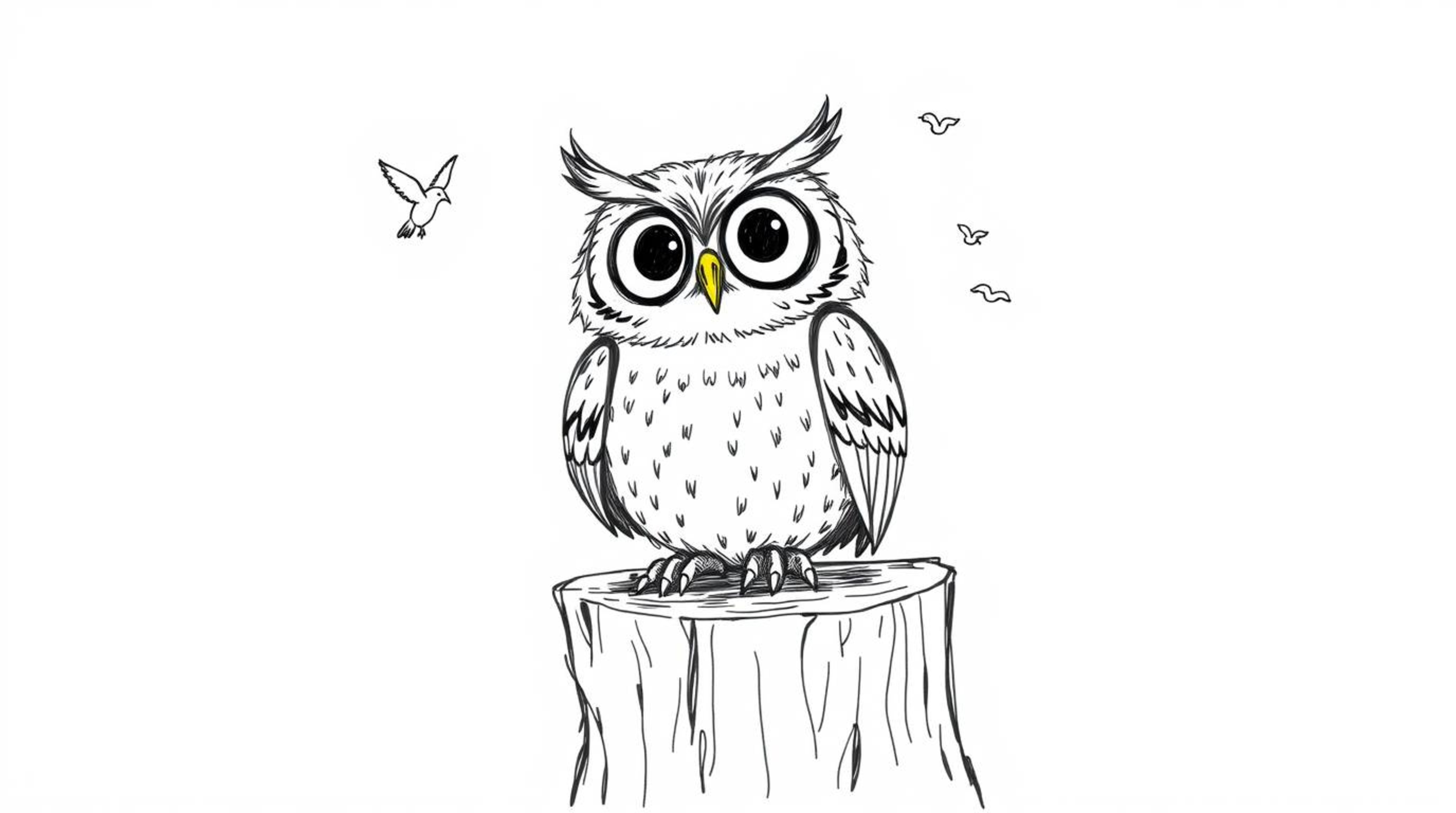 A cheerful, hand-drawn Pixar-style sketch depicts a blind owl sitting contentedly on a tree stump, set against a clean white 