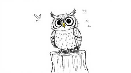 A cheerful, hand-drawn Pixar-style sketch depicts a blind owl sitting contentedly on a tree stump, set against a clean white 