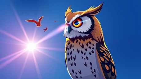 A Pixar-style blind owl, empowered with inner vision, is captured in a serene moment, teaching birds how to fly while gazing 