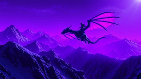 A breathtaking scene of a dragon and its rider soaring above icy mountains, bathed in deep ultraviolet hues.  This futuristic