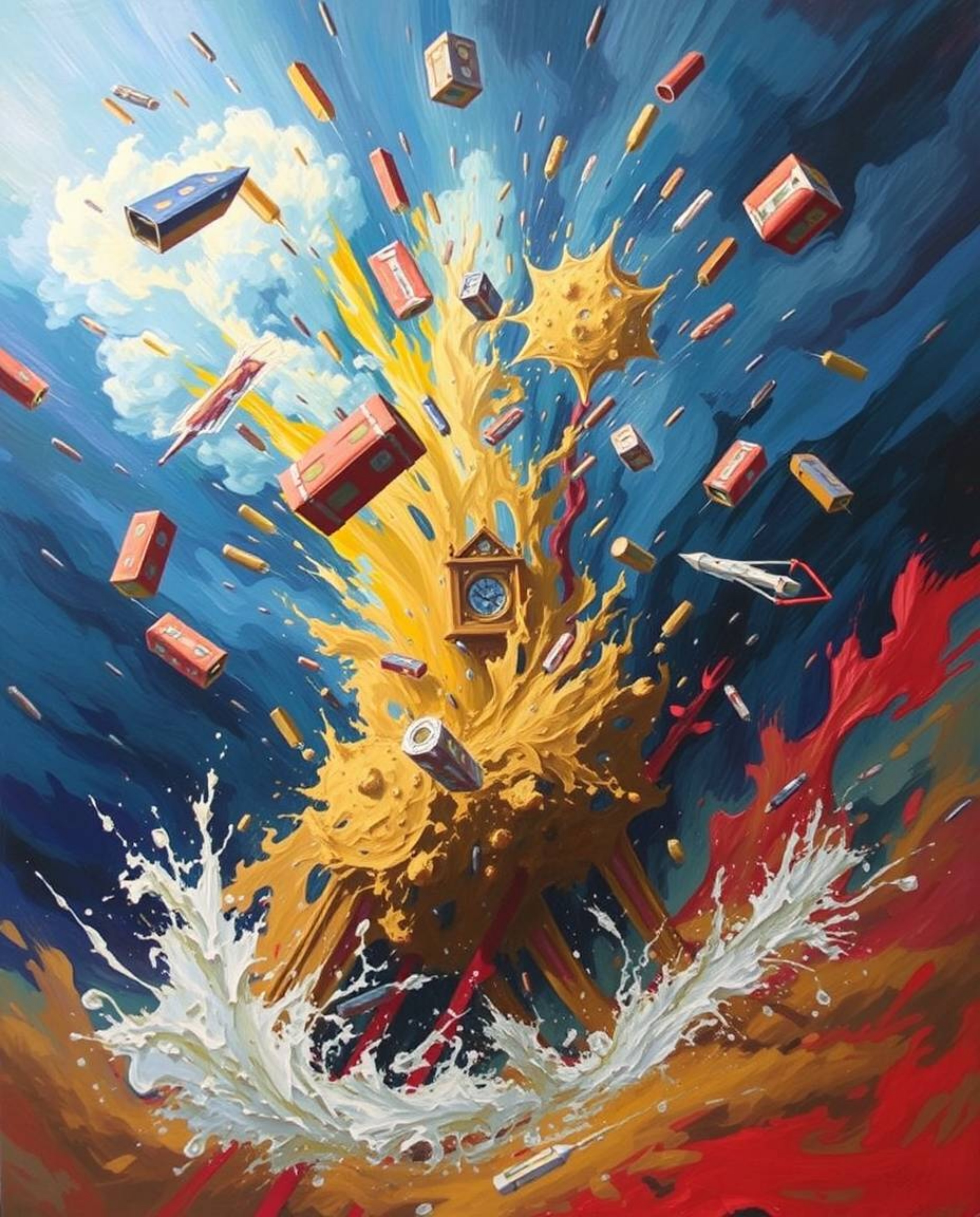 This bold acrylic painting captures dynamic motion within a surreal storm. Flying objects defy gravity in a vibrant display, 