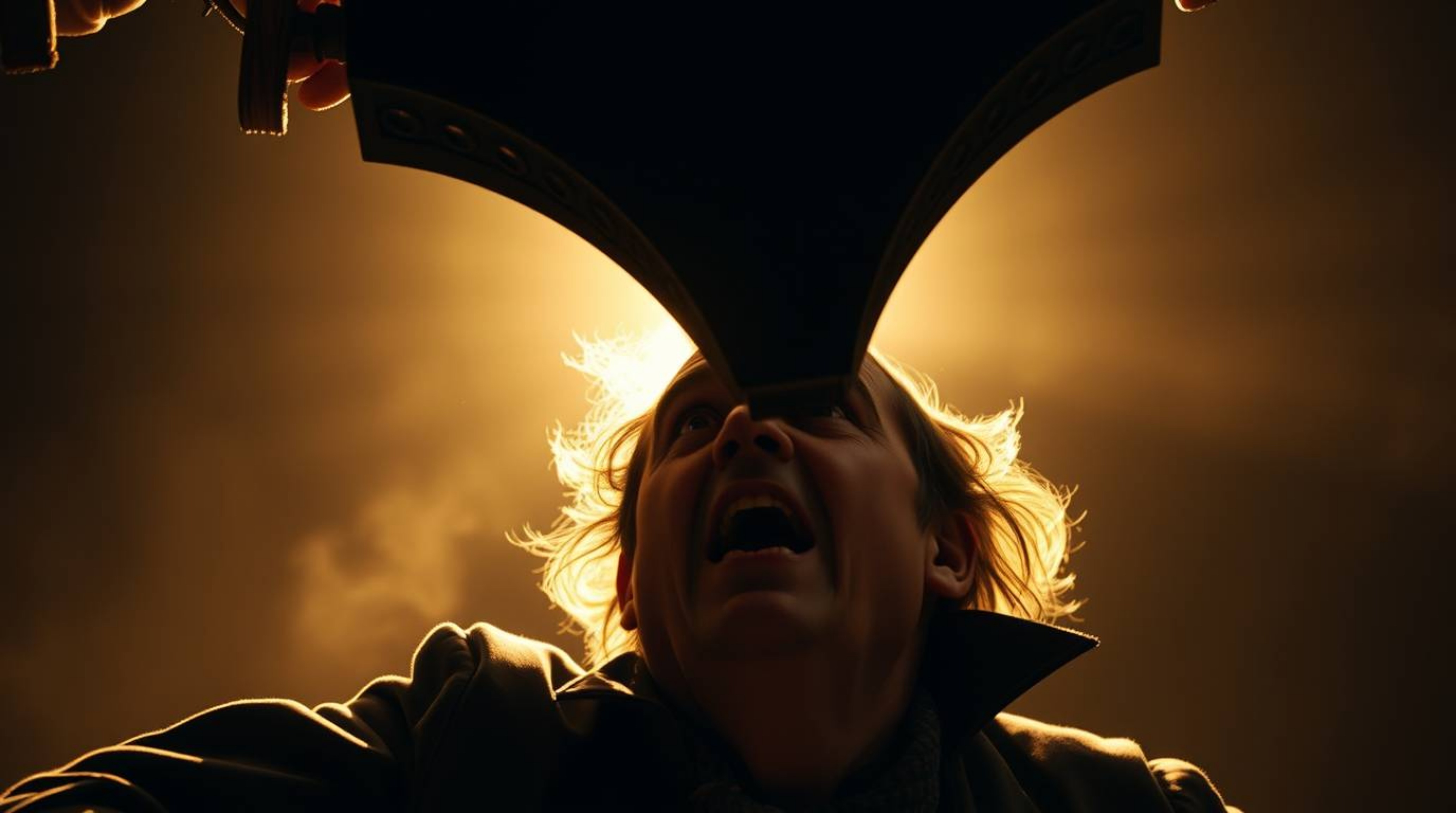 A professional photograph in the style of an Associated Press Photo of the Year captures a tense moment: an anvil is about to