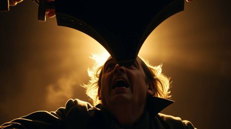 A professional photograph in the style of an Associated Press Photo of the Year captures a tense moment: an anvil is about to