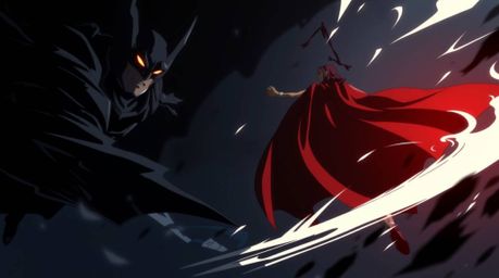 A high-contrast, low-key Isekai anime style depicts a superhero with a cape dramatically fighting a silly villain. The scene 