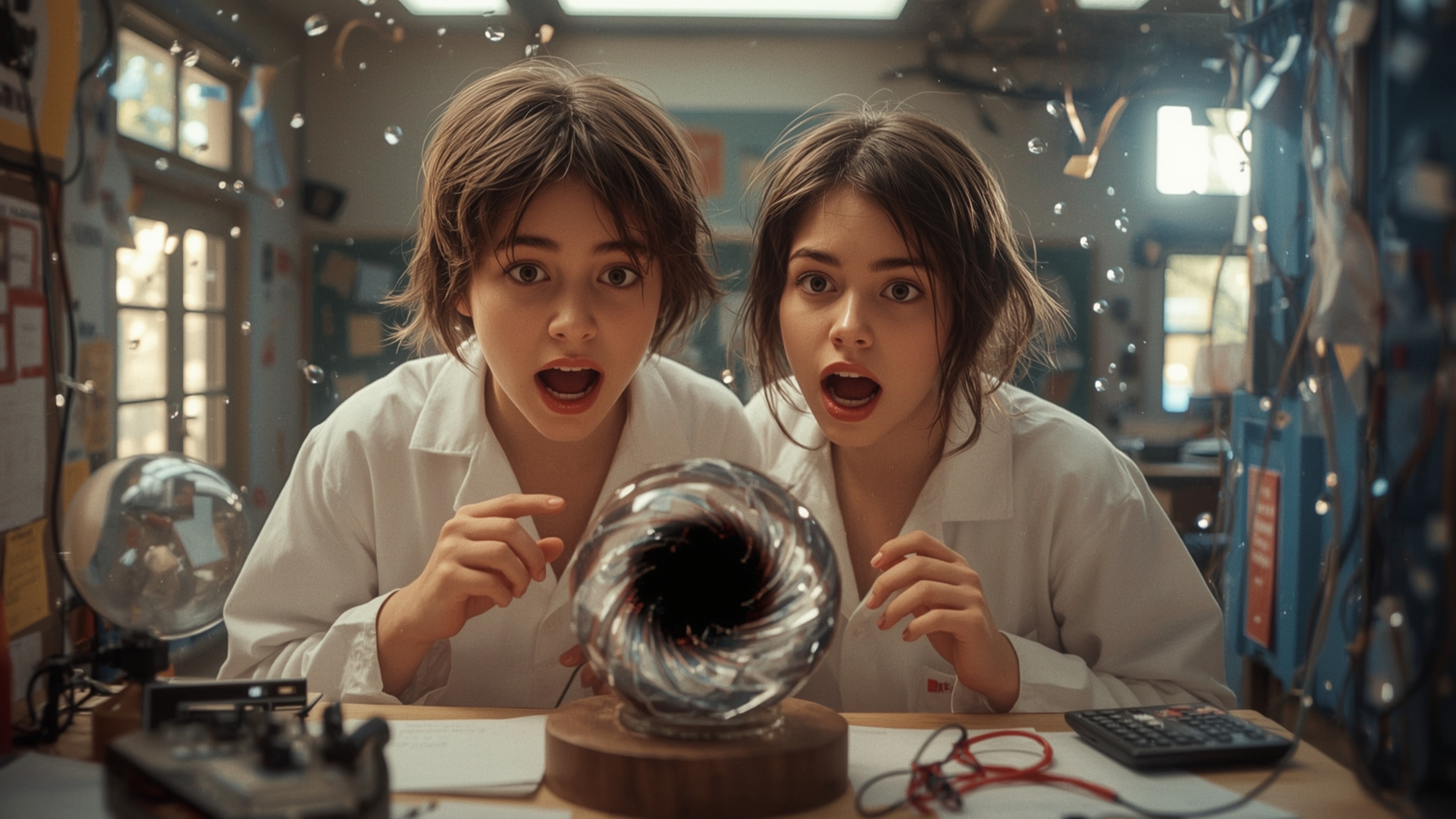 In a vibrant, cinematic photograph reminiscent of a Pixar film, two excited teenage scientists, a boy and a girl, stand befor
