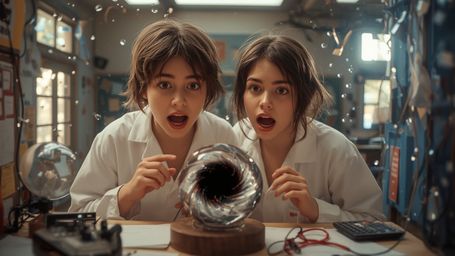 In a vibrant, cinematic photograph reminiscent of a Pixar film, two excited teenage scientists, a boy and a girl, stand befor