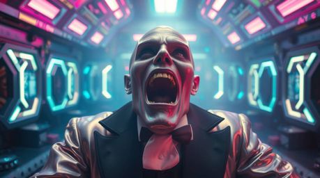 Explore a captivating scene where an ethereal spiritual vibe meets a comical villain's breakdown in a high-tech lair.  Bathed