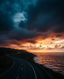 This extreme macro close-up captures a winding coastal highway under a sunset sky, characterized by intense dramatic weather.