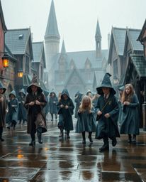 Immerse yourself in a captivating scene of a magical school brimming with young wizards.  The artwork features a soft, dreamy