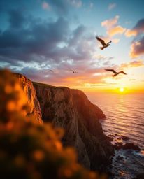 This is a photorealistic style image of a vibrant coastal cliff sunset, complete with soaring birds. The composition features