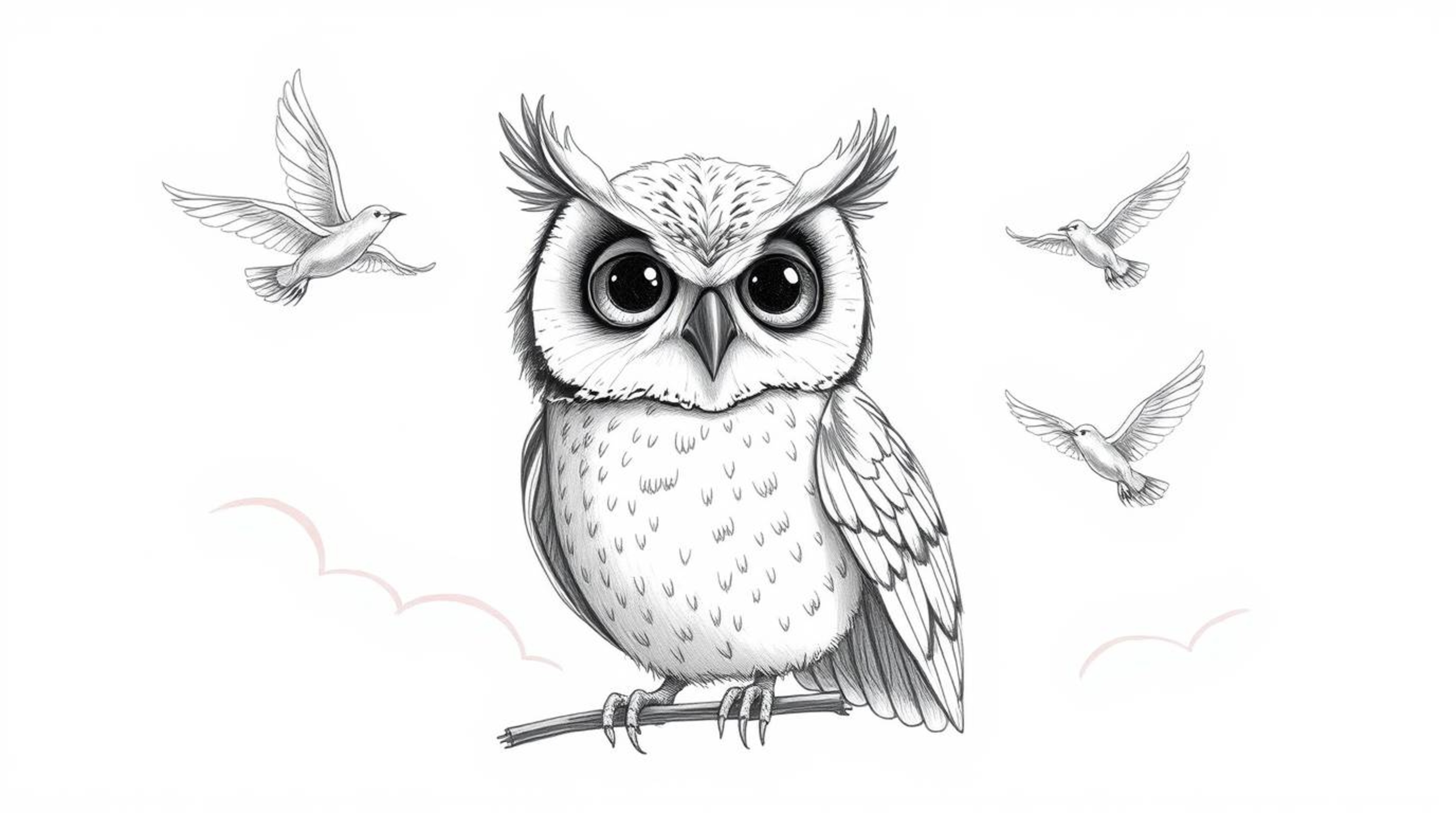 A heartwarming Pixar-style, hand-drawn sketch portrays a blind owl with a gentle expression, guiding a flock of small, delica