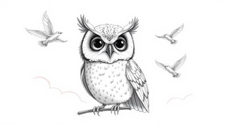 A heartwarming Pixar-style, hand-drawn sketch portrays a blind owl with a gentle expression, guiding a flock of small, delica