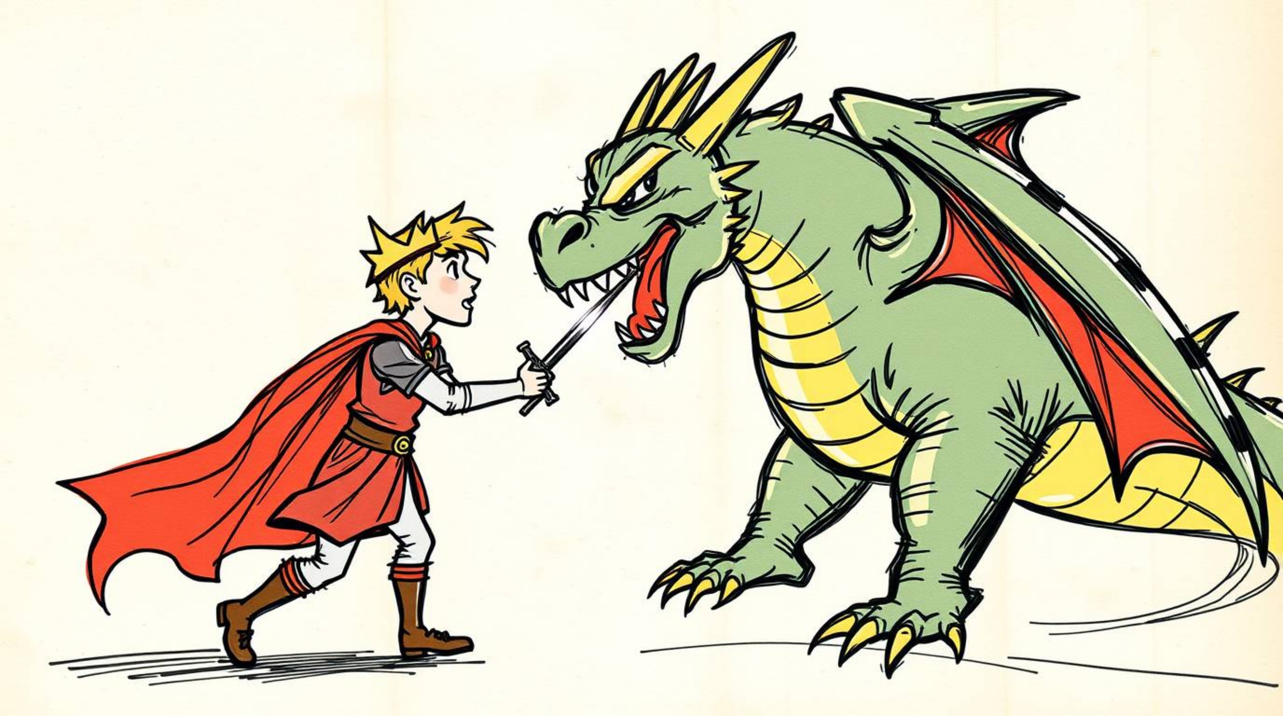 A captivating hand-drawn sketchnote in the style of 1950s animation depicts a charming prince bravely battling a fierce drago