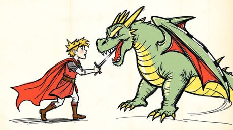 A captivating hand-drawn sketchnote in the style of 1950s animation depicts a charming prince bravely battling a fierce drago