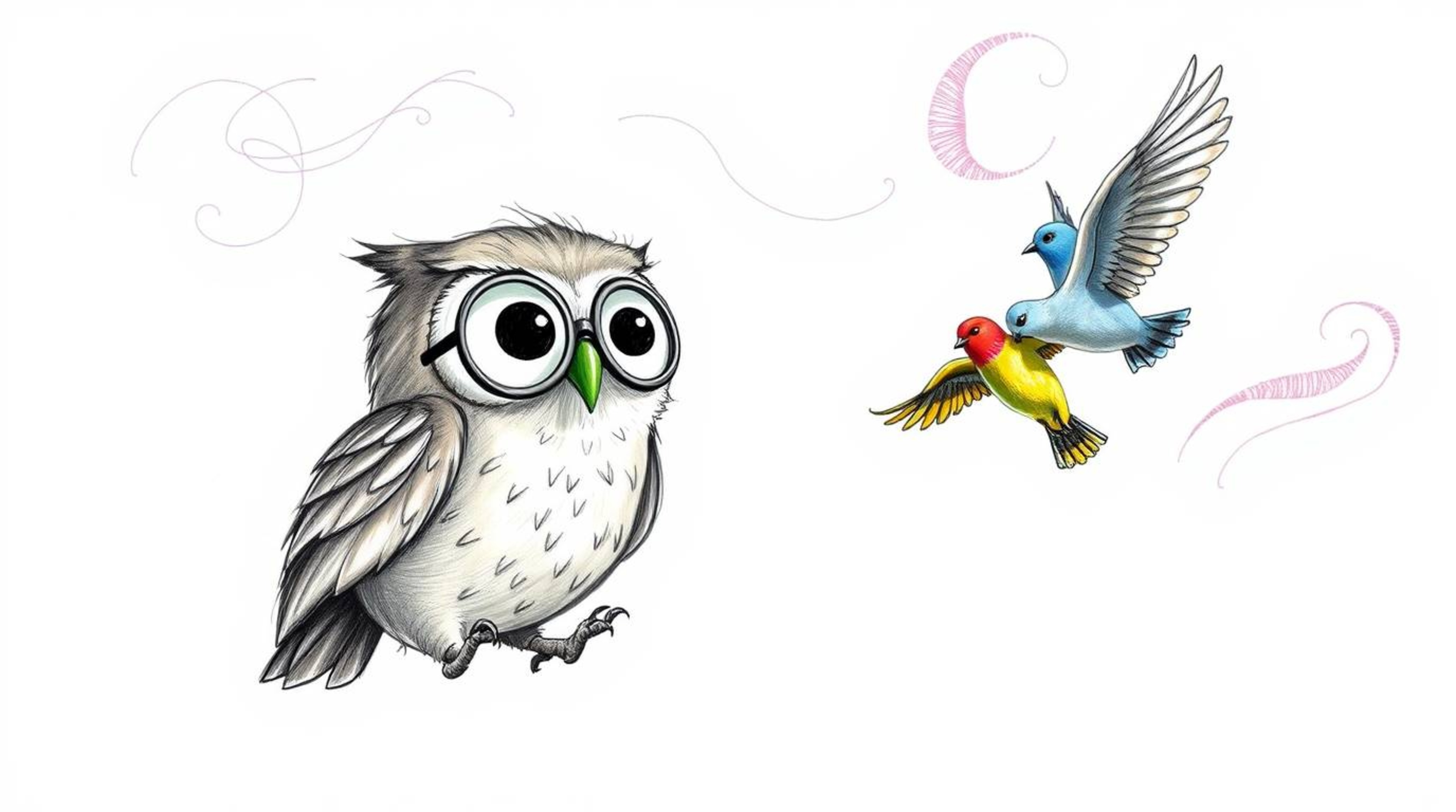 A whimsical, hand-drawn sketch in a distinct Pixar style features a blind owl wearing large, round spectacles. This charming 