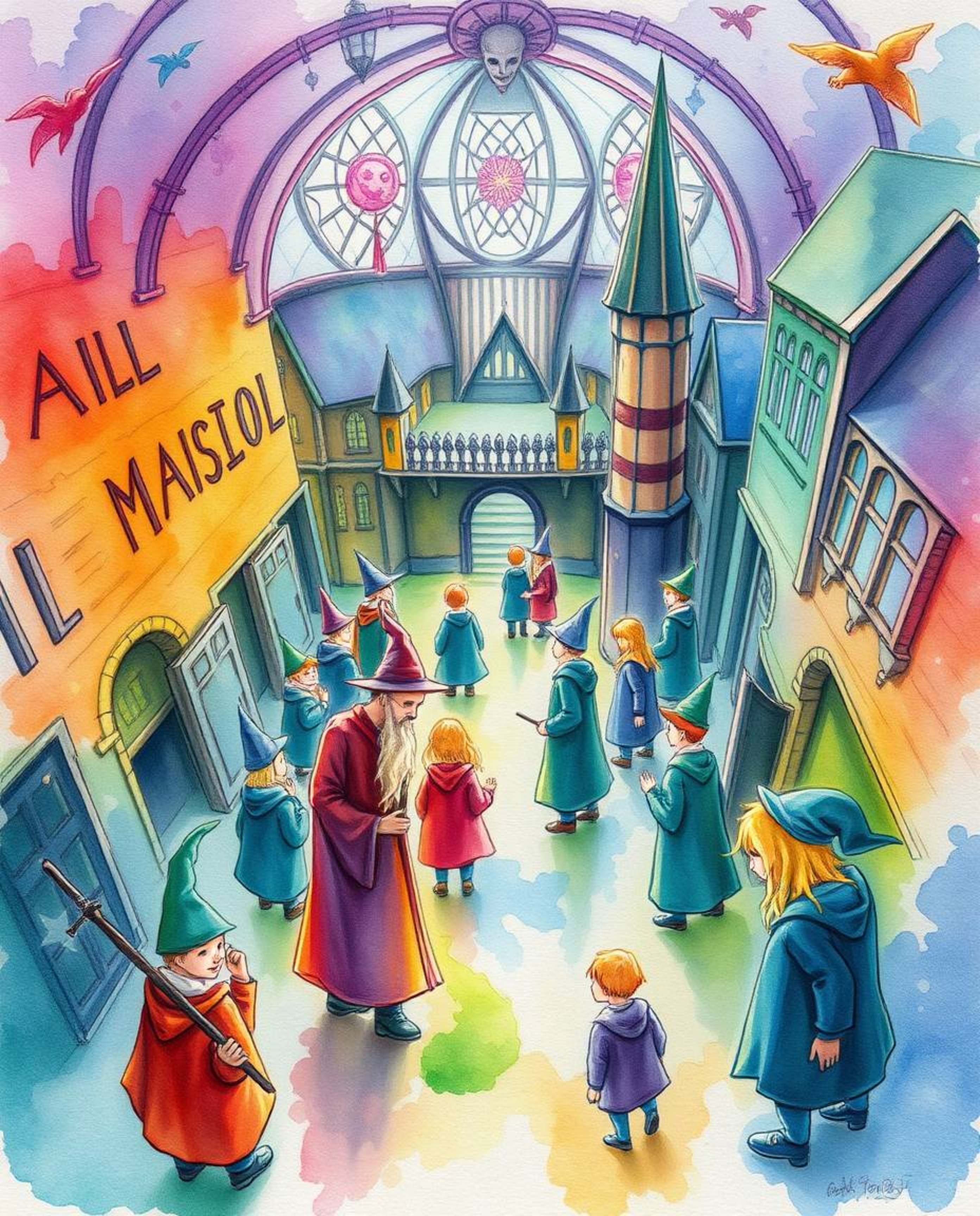A breathtaking bird's-eye view watercolor painting depicts a magical school brimming with young wizards. The artwork showcas