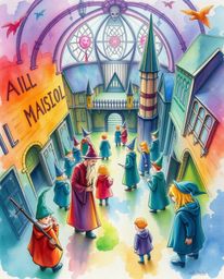 A breathtaking bird's-eye view watercolor painting depicts a magical school brimming with young wizards.  The artwork showcas