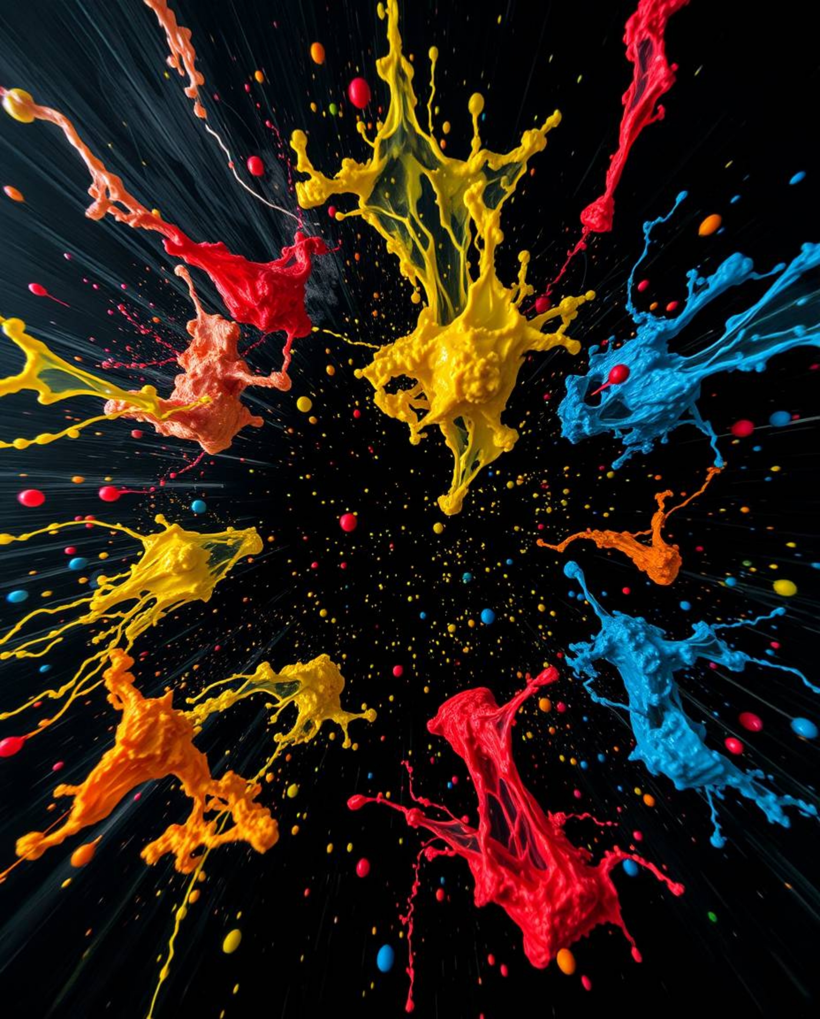Overhead, bird's-eye view showcases dynamic colorful splashes frozen in time against a stark black background. This artistic 