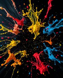 Overhead, bird's-eye view showcases dynamic colorful splashes frozen in time against a stark black background. This artistic 