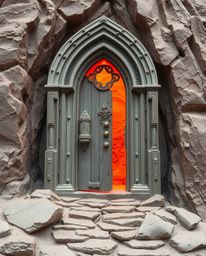 This surreal depiction of an ancient doorway, etched with glowing runes and embedded in a mountainside, utilizes layered papi