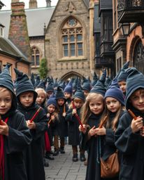 Explore a magical school brimming with young wizards captured in candid street photography style. These urban scenes showcase