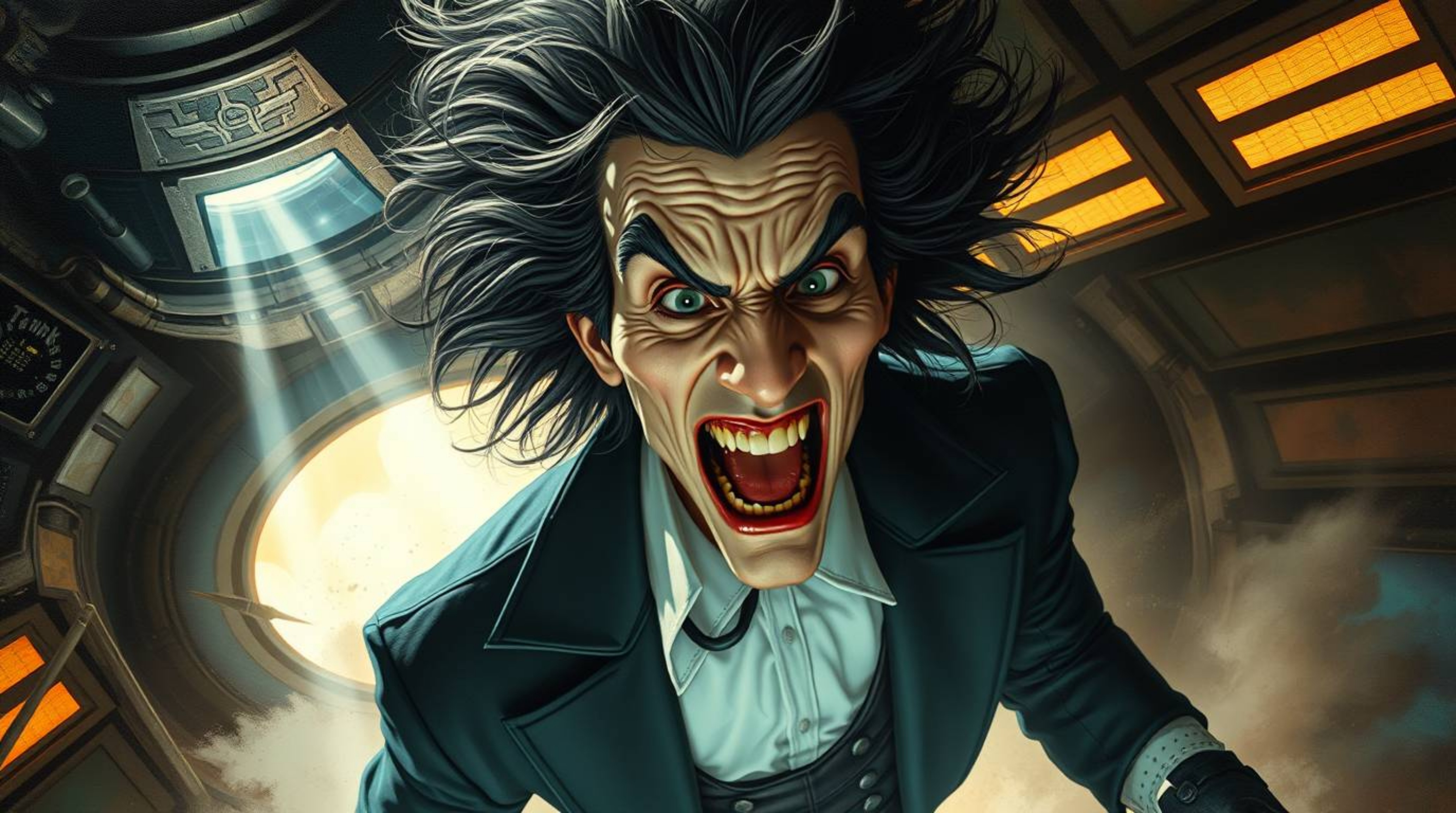 Experience a hilarious scene featuring a villain with exaggerated features, pale skin, and wild hair as they undergo a comedi