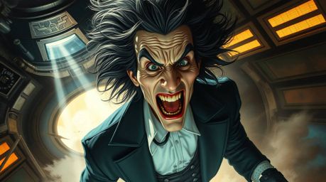 Experience a hilarious scene featuring a villain with exaggerated features, pale skin, and wild hair as they undergo a comedi