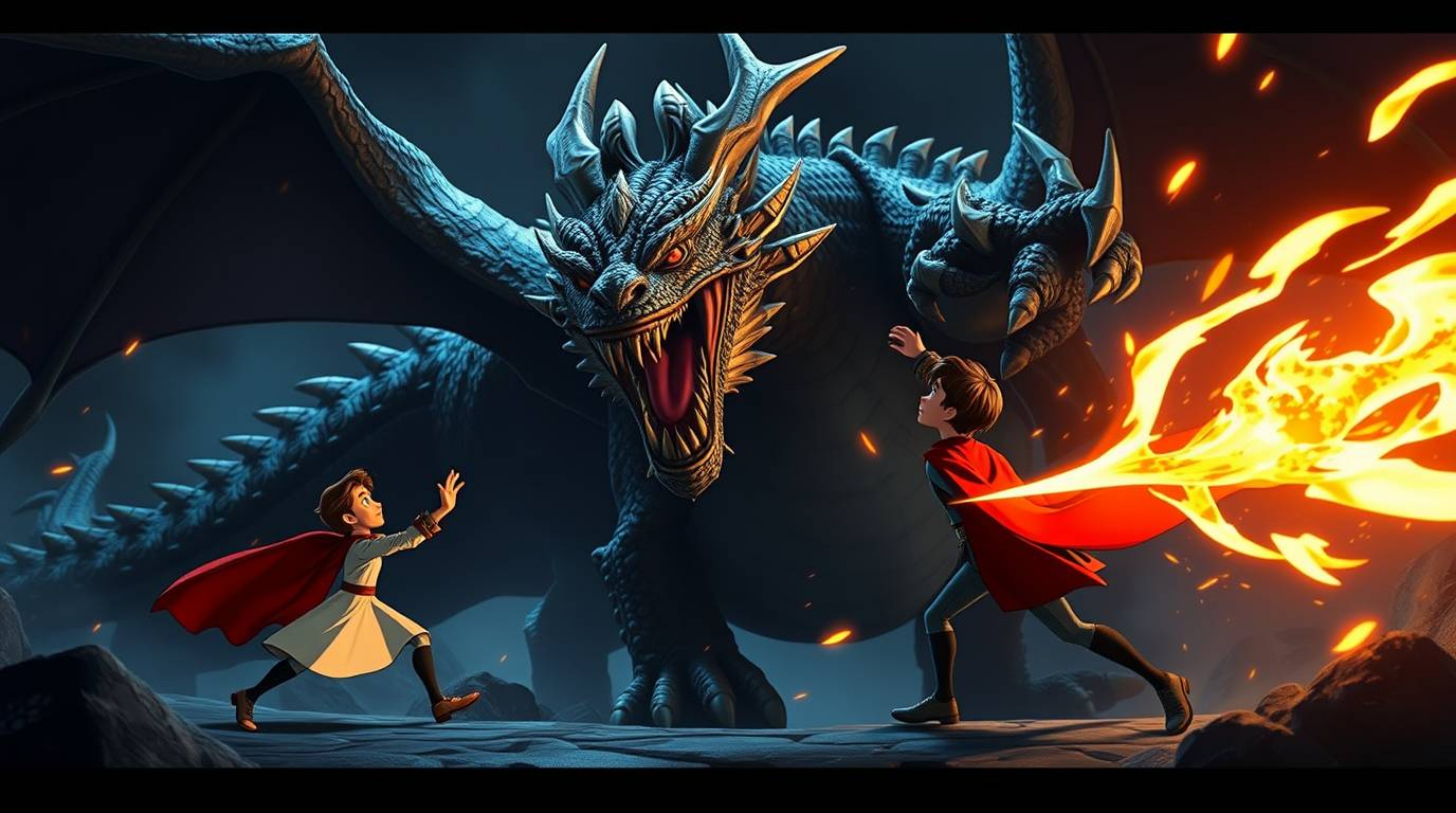 Witness a captivating clash between a charming prince, reminiscent of 1950s animation, and a colossal dragon in a breathtakin