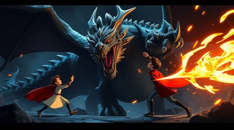 Witness a captivating clash between a charming prince, reminiscent of 1950s animation, and a colossal dragon in a breathtakin