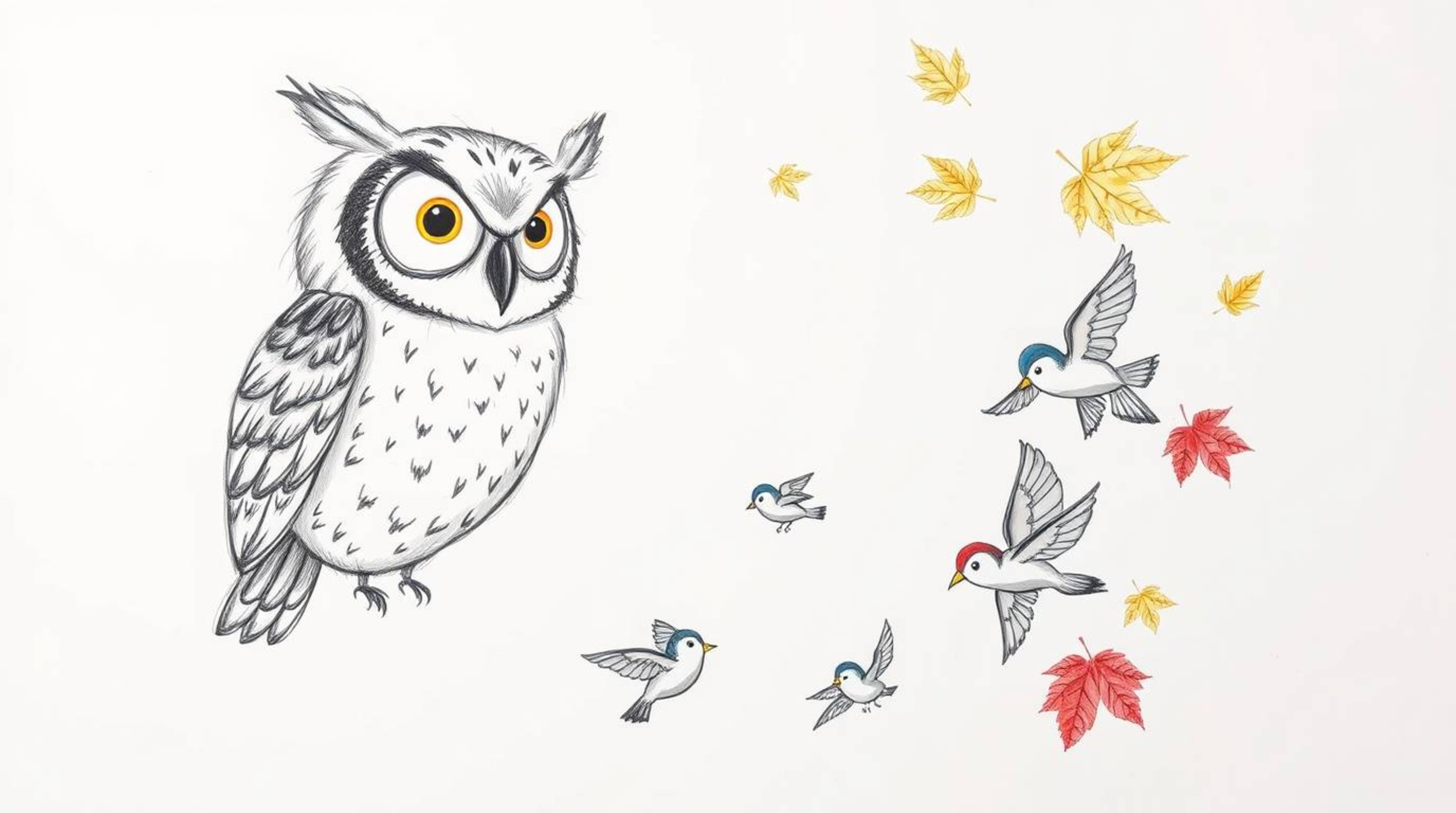 A charming, hand-drawn sketch in a Pixar-esque style depicts a blind owl with a serene expression and large, expressive eyes.