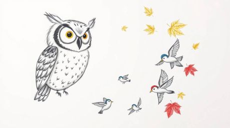 A charming, hand-drawn sketch in a Pixar-esque style depicts a blind owl with a serene expression and large, expressive eyes.