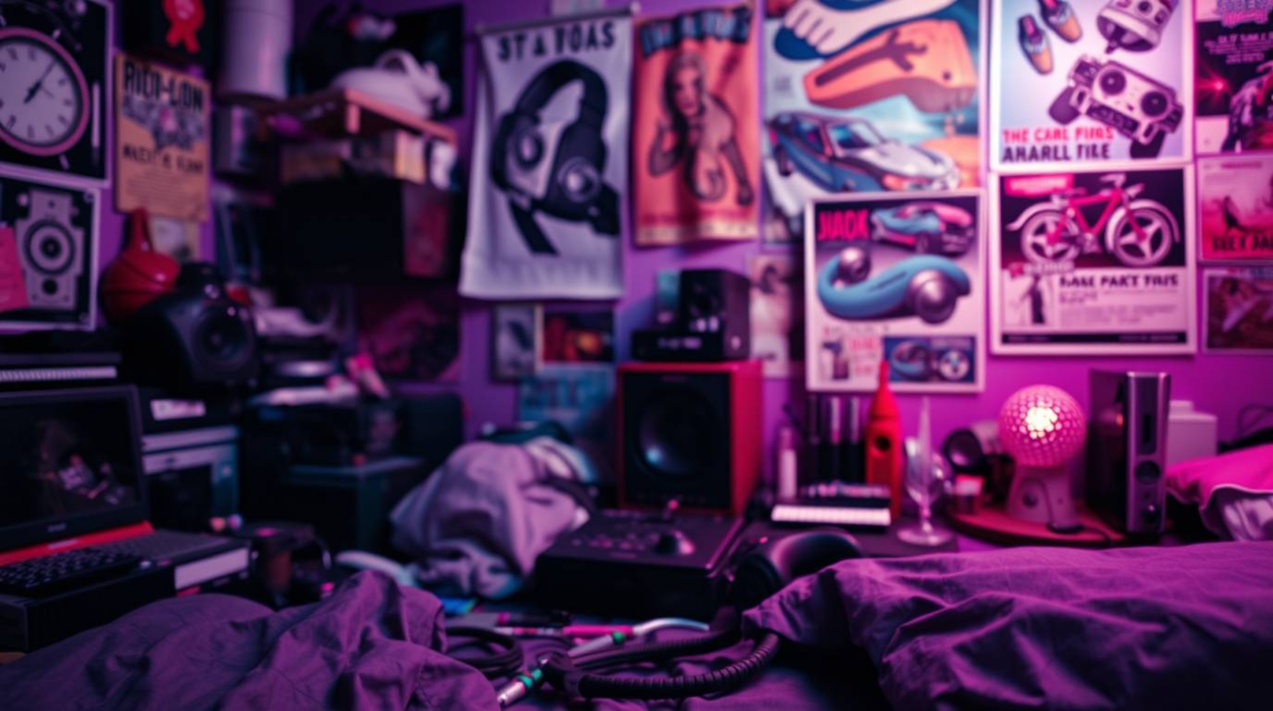 A captivating close-up reveals a messy bedroom bathed in deep ultraviolet hues.  The scene is rich with detail, showcasing a 
